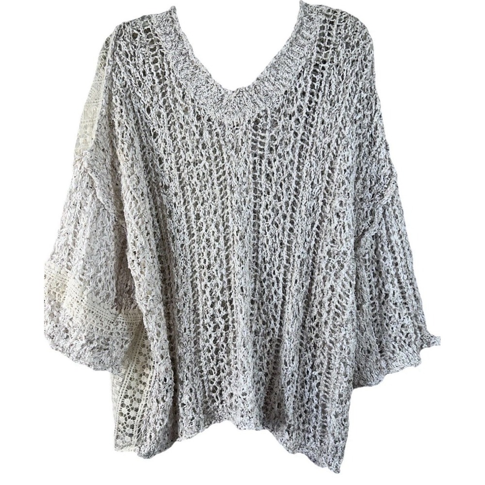POL Women's Loose Knit Crochet Sweater Oatmeal Ivory Rolled Edge Medium New